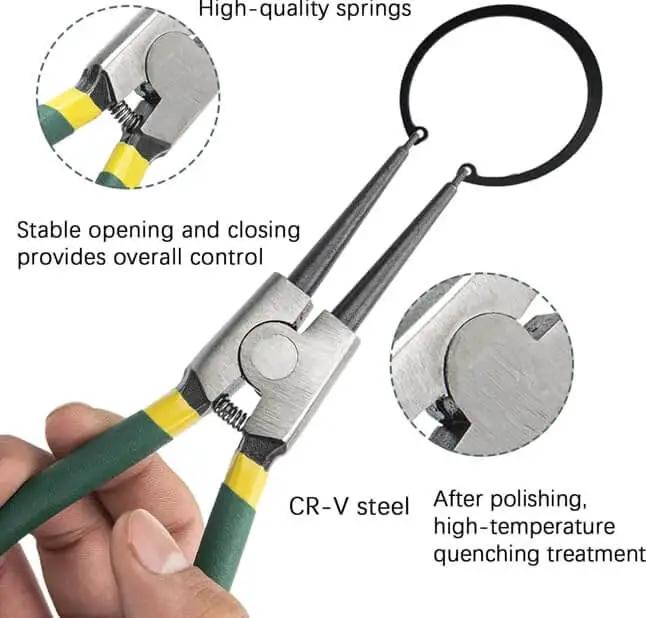 Close-up of 7 Inch Snap Ring Pliers Set 4 Piece Heavy Duty Retaining Ring Pliers Kit with detailed view of CR-V steel and spring opening.