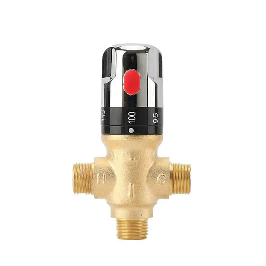 Front view of Shower Thermostatic Mixing Valve From TreMax with one half inch NPT thread, solid brass gold finish, Fahrenheit markings.