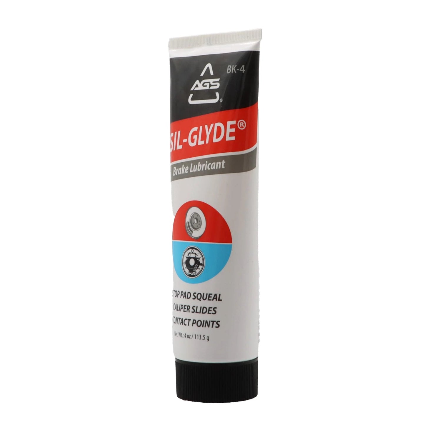 Disc Brake Squeal Eliminator With Silicone Based Brake Lubricant For Full Assembly Keeps Noise Down While Shielding Components From Moisture Heat And Rust AGS Sil Glyde 4 Oz Tube visible from front