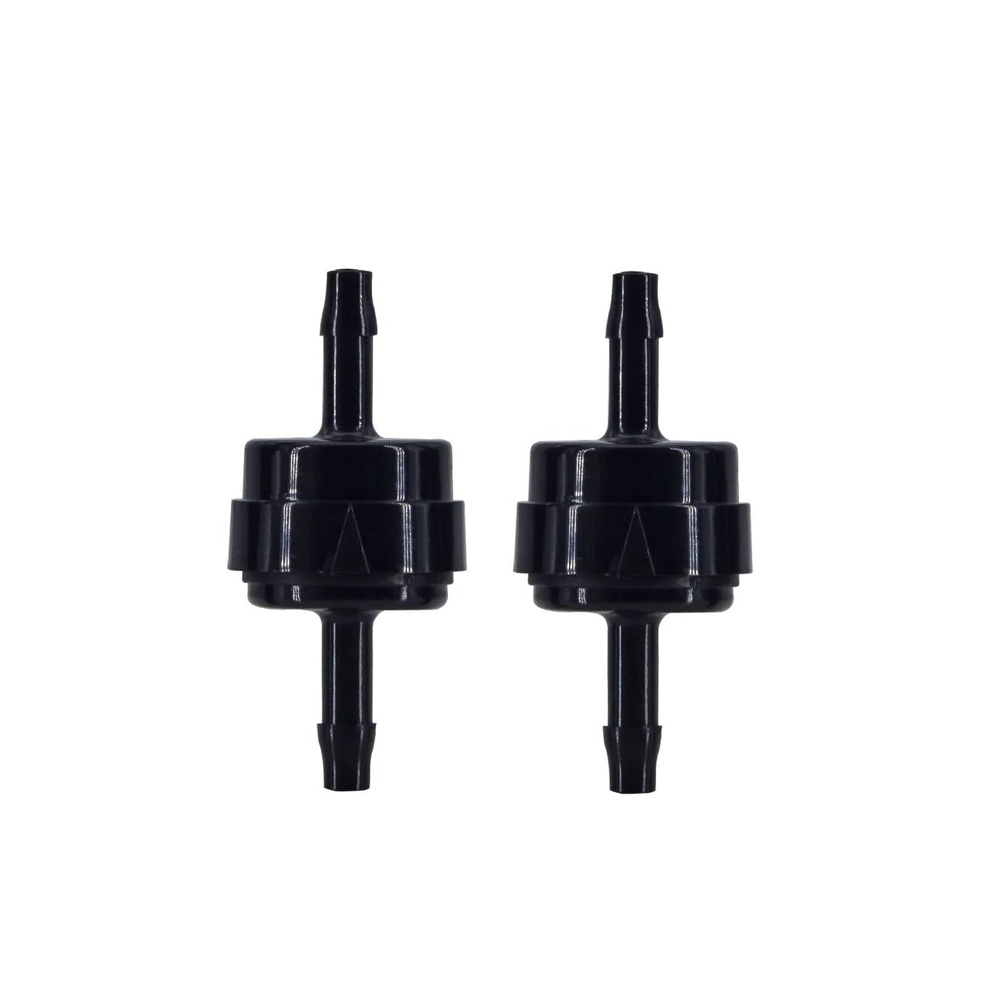Two black Automotive PA66 Spring Check Valves for high temp and corrosion resistance, fits 1/8, 3/16, 1/4, 5/16 inch hoses, 4-9 mm ID.