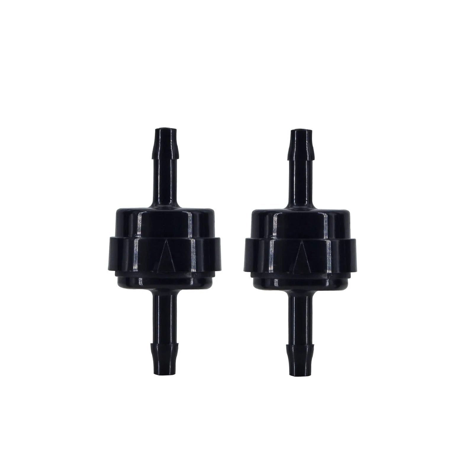Two black Automotive PA66 Spring Check Valves for high temp and corrosion resistance, fits 1/8, 3/16, 1/4, 5/16 inch hoses, 4-9 mm ID.
