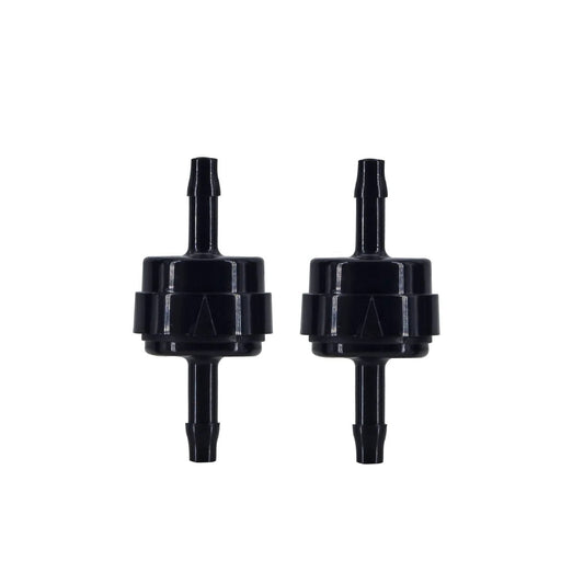 Two black Automotive PA66 Spring Check Valves for high temp and corrosion resistance, fits 1/8, 3/16, 1/4, 5/16 inch hoses, 4-9 mm ID.