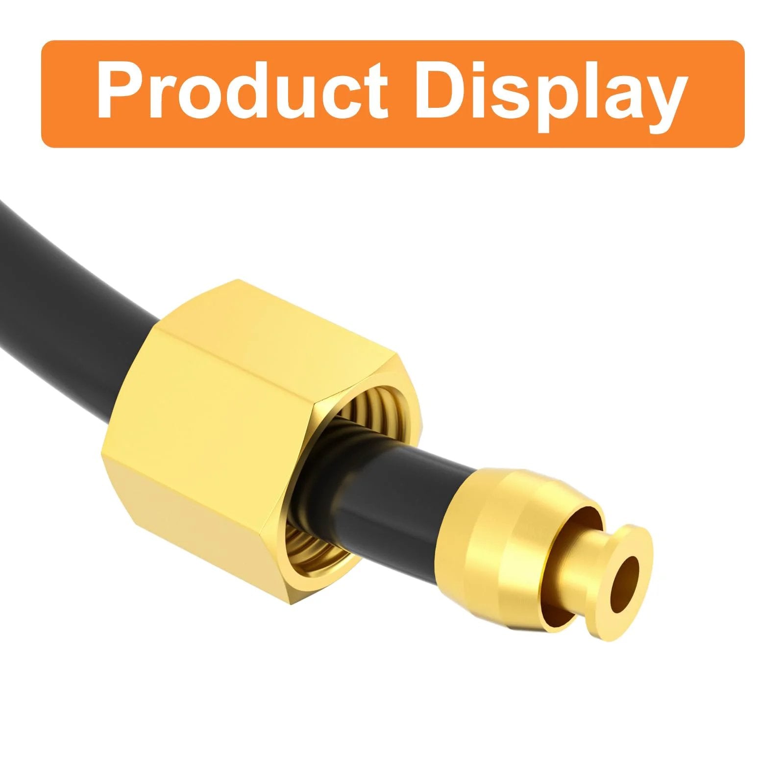 Close-up of Gasher air compressor unloader tube kit, 15 inch nylon tube with brass fittings, 10 pack, showing compression fitting detail.