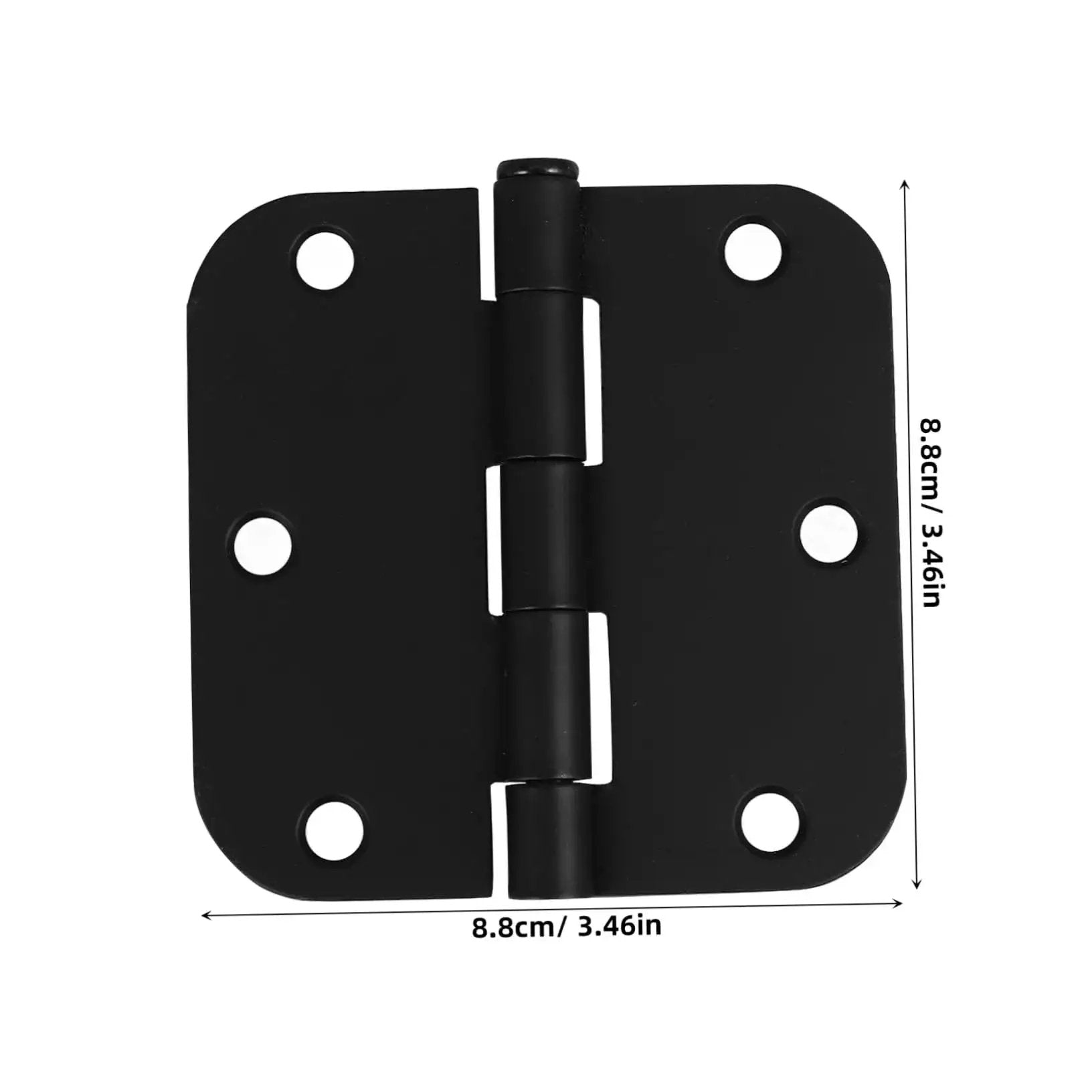 Heavy Duty Iron Door Hinges 2 Pack With Rounded Corner Design for safe edges, black finish, with measurements visible
