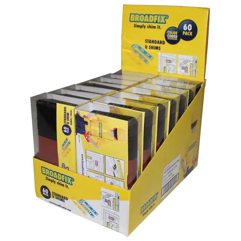 Flat Plastic Shim Set 60 Pack Multicolor for Leveling Cabinets and Furniture Durable DIY Spacers for Precise Fits Broadfix displayed in box.
