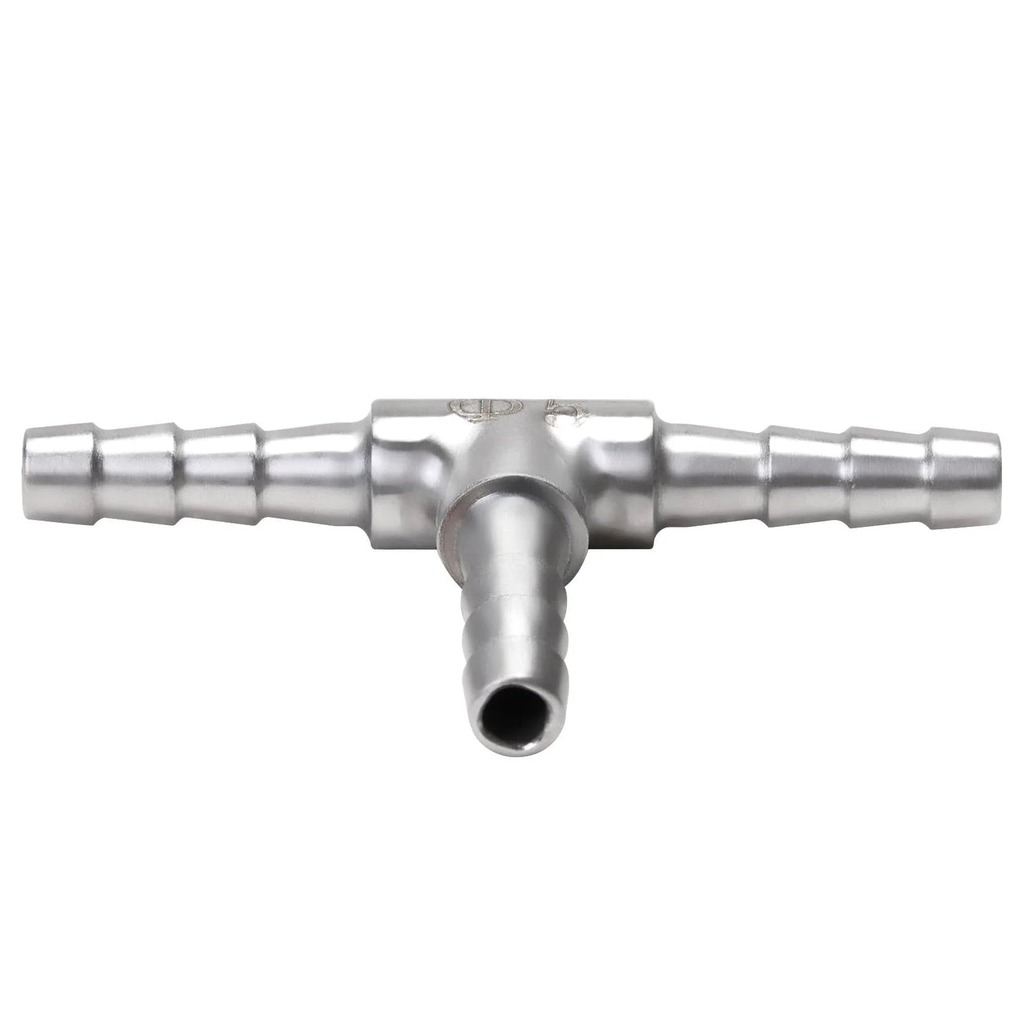 Front view of Stainless Steel Three Way Hose Barb Tee Fitting Three Sixteen Inch Barbs For Flexible Hoses Two Pack Home Brew For DIY Setups