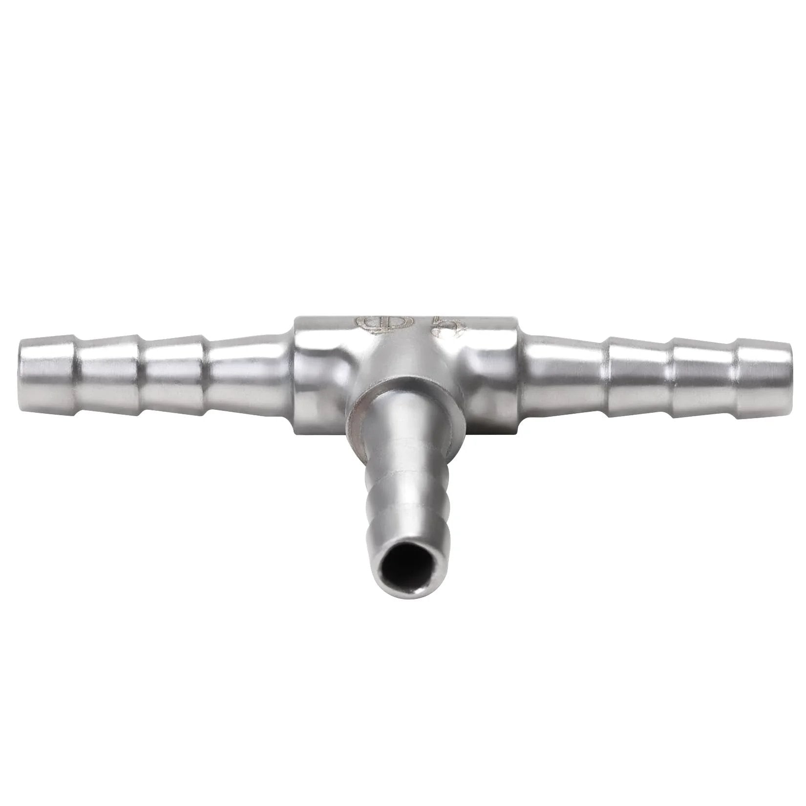 Front view of Stainless Steel Three Way Hose Barb Tee Fitting Three Sixteen Inch Barbs For Flexible Hoses Two Pack Home Brew For DIY Setups