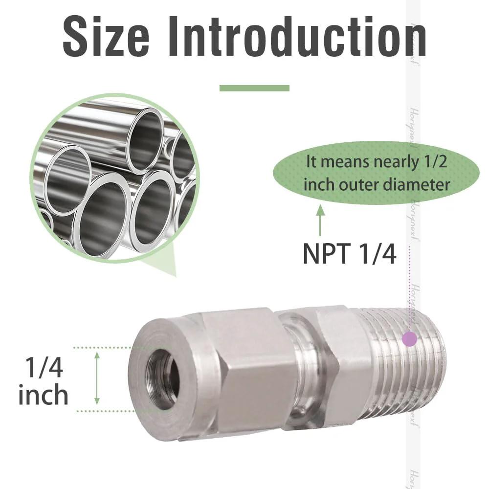 Stainless Steel 304 Compression Bulkhead Fitting 1 Quarter Inch OD Tube to 1 Quarter Inch NPT Male Connector with size illustration.