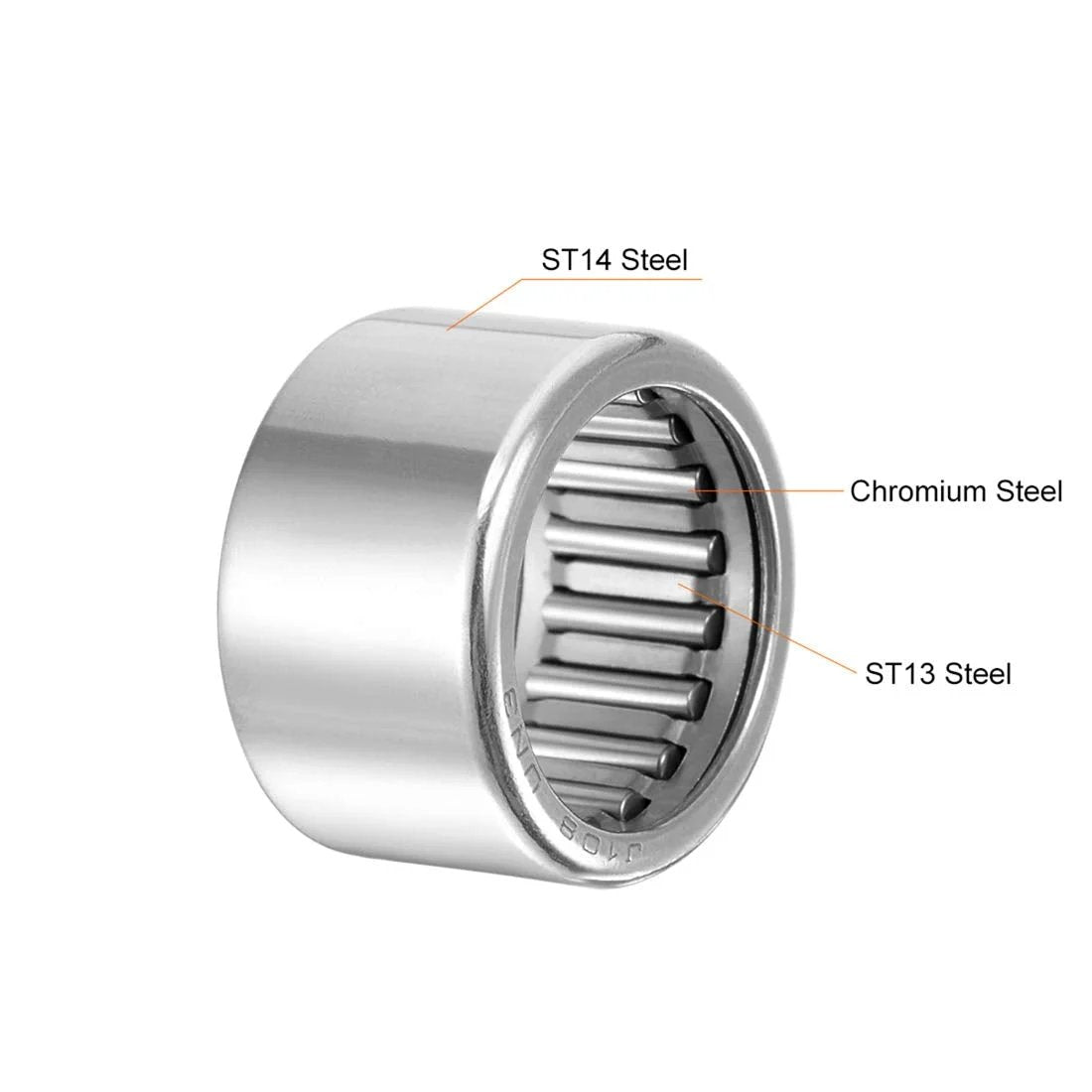 SCE108 Needle Roller Bearing Set With Drawn Cup Open End Five Eighths Inch Bore Thirteen Sixteenths Inch OD Half Inch Width, ST14 steel cup.