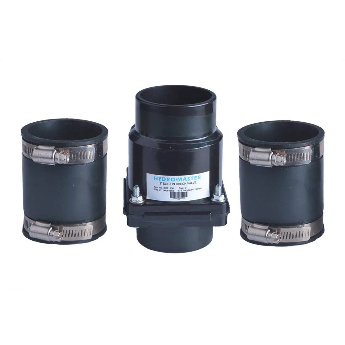 2 Inch Slip On Sump Pump Check Valve With ABS Body EPDM Ends And Stainless Steel Clamps For Quiet Corrosion Resistant Performance In Most Sump Pumps Vertical Or Horizontal Install, showing product components.