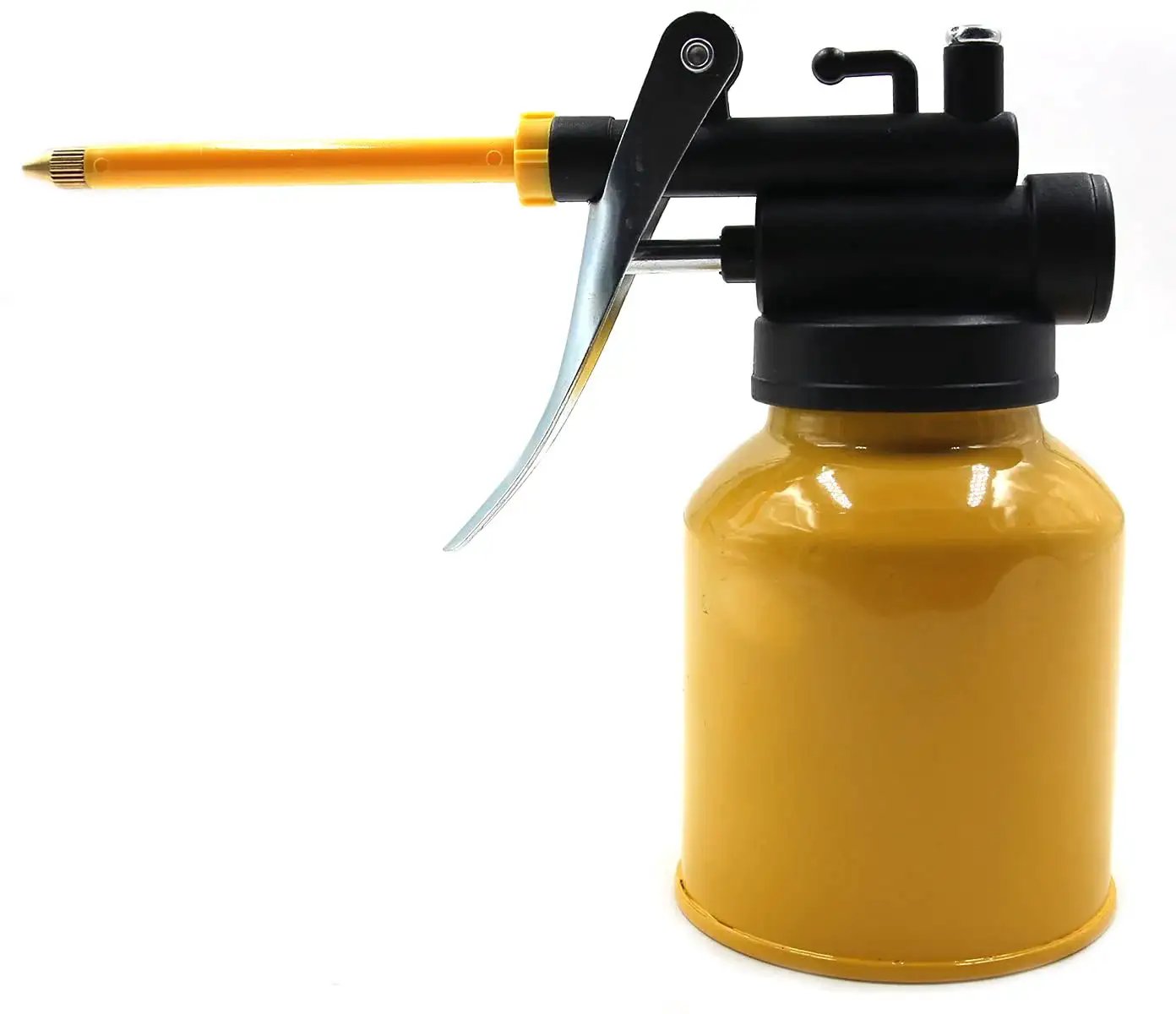 Pro Grade Metal High Pressure Oil Spray Gun With Long Nozzle 250ml Refillable Oiler Bottle side view showcasing nozzle and metal body