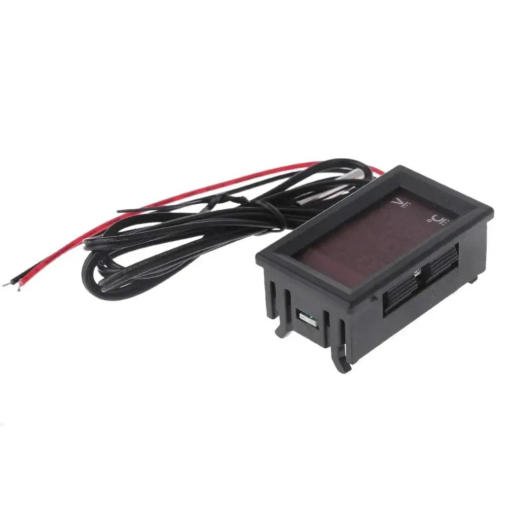 2 In 1 Car Thermometer And Voltmeter With LED Display For 12 To 24 Volt Vehicles, showing front view with attached wires.