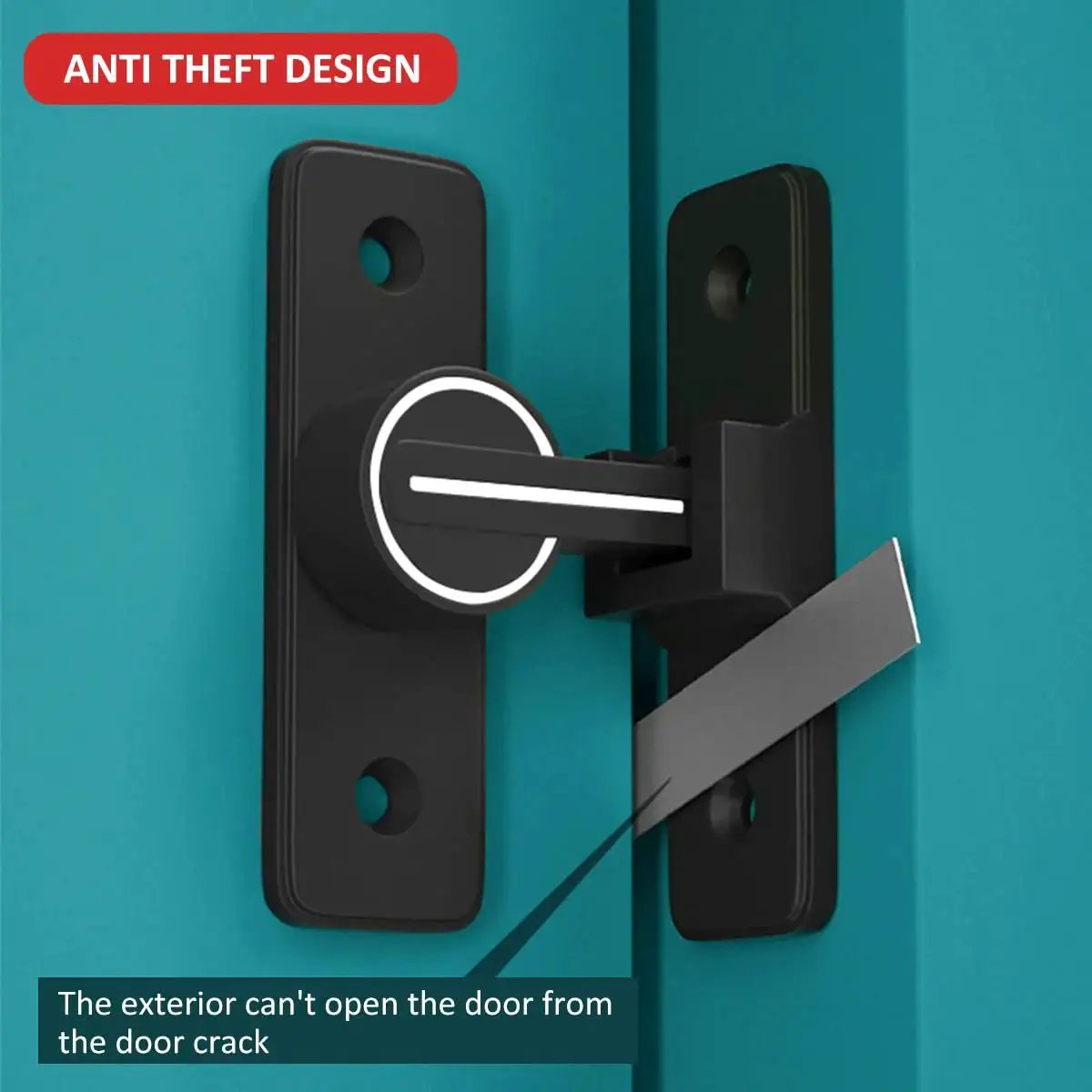 Close-up of 90 Degree Heavy Duty Barn Door Latch Lock for Cabinets Sliding Doors and Barn Doors in matte black finish, installed.