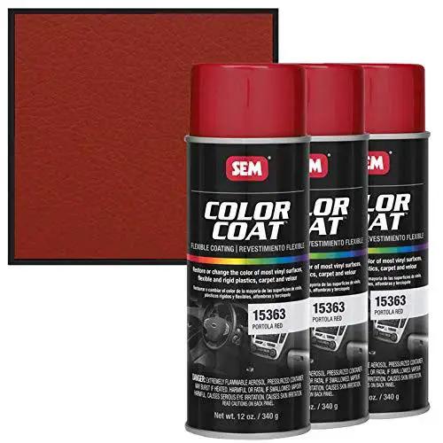 Three cans of Portola Red Color Coat 12 Fl Oz Premium Finish For Durable Shine with a red color sample.