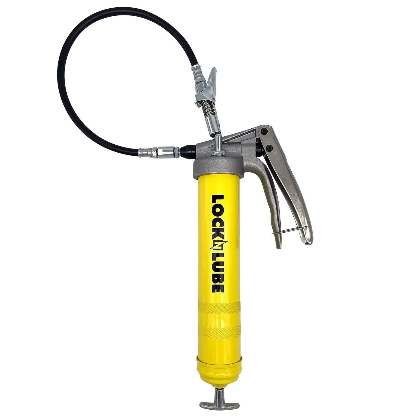Premium Pistol-Grip Grease Gun With LockNLube Coupler, 20 Inch Hose And Inline Swivel, Delivers Up To 8000 PSI, yellow body