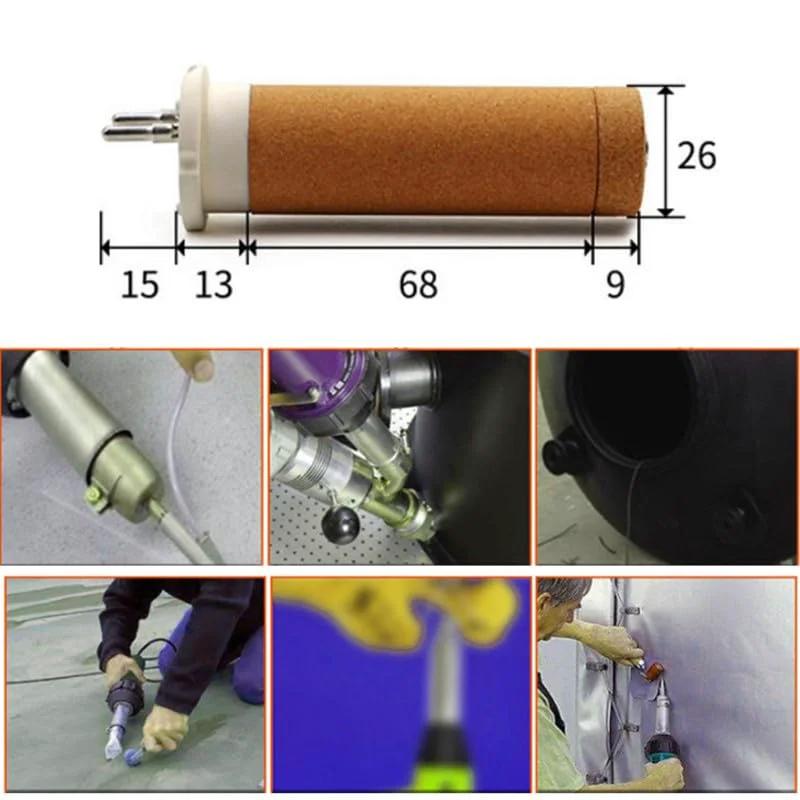 Pro Grade W100.702 Ceramic Heating Core Replacement For 120V 1600W Hot Air Welder Fits Leister Triac ST And AT 123.895 Type A Attachments With Thermal Insulation Sleeve, shown with dimensions and usage images.