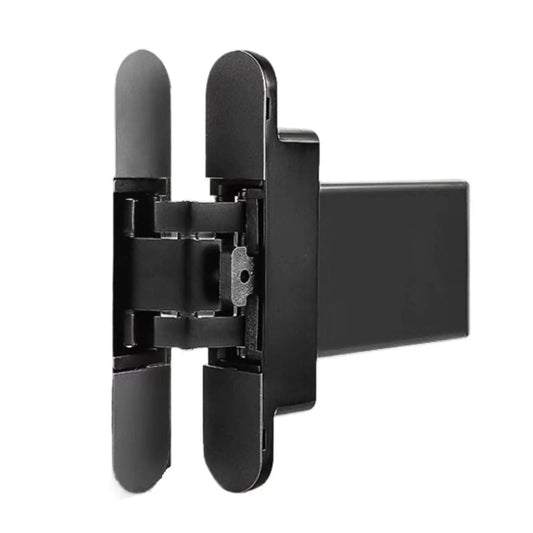 Side view of Hidden Cross Secret Door Hinge With Auto Close, Pro Grade Hydraulic Buffer, And Three Dimensional Adjustment in gray.