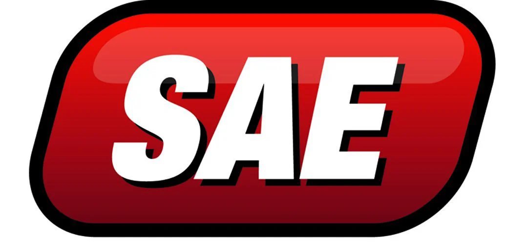 SAE logo on a red background