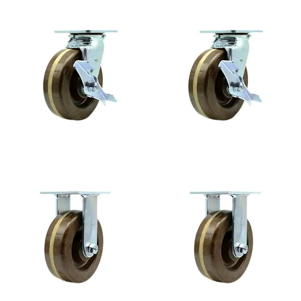 Heavy Duty High Temperature Phenolic Swivel Top Plate Caster Set Of 4 With 6 Inch Wheels Includes 2 Swivel With Brakes And 2 Rigid 4800 Lb Total Capacity Service Caster Brand Built For Tough Hot Working Conditions