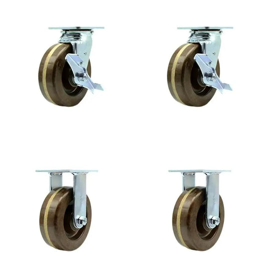 Heavy Duty High Temperature Phenolic Swivel Top Plate Caster Set Of 4 With 6 Inch Wheels Includes 2 Swivel With Brakes And 2 Rigid 4800 Lb Total Capacity Service Caster Brand Built For Tough Hot Working Conditions