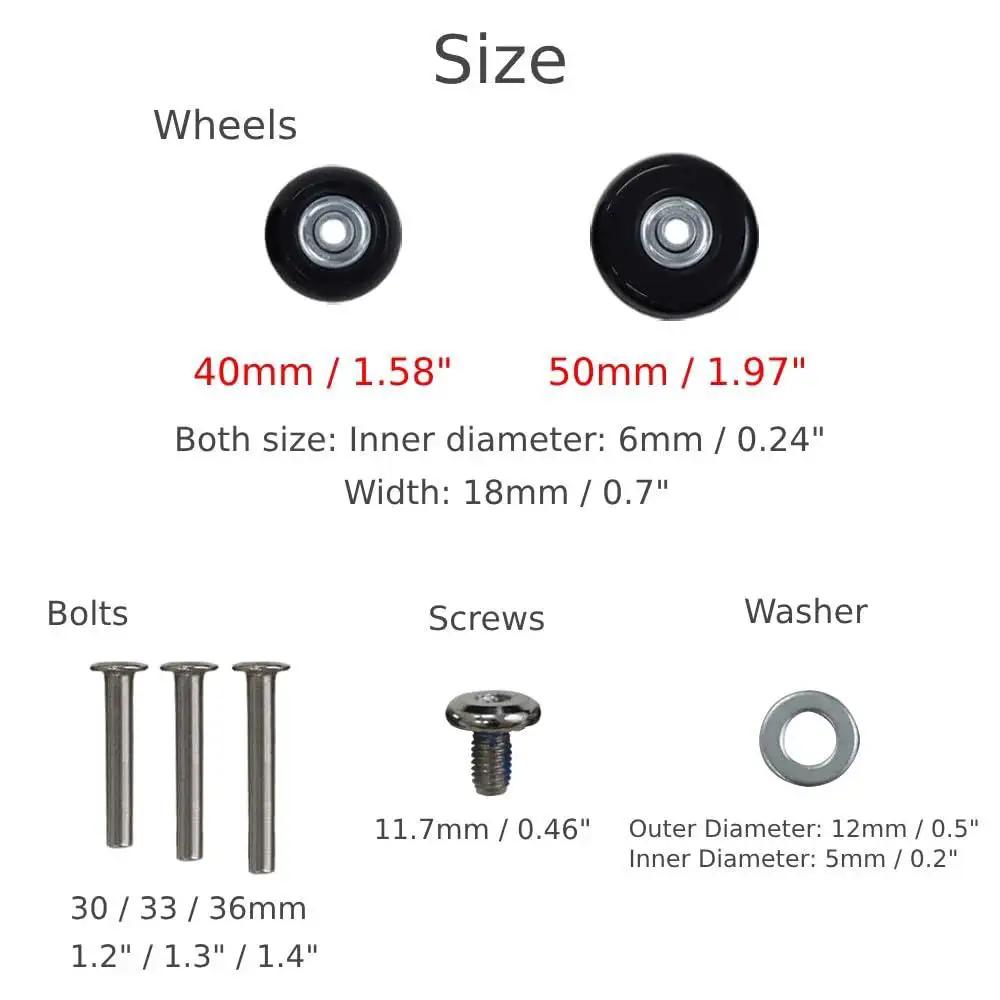 Luggage Wheels Replacement Set Of 4, 40mm X 18mm Universal Fit with components overview, bolts, screws, washers shown.