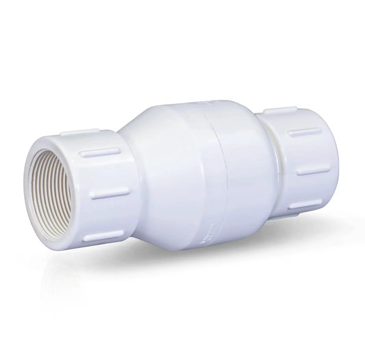 PVC Inline Check Valve For Backflow Prevention Three Quarter Inch FIP White Plastic Not For Potable Water Stainless Steel Spring Loaded With EPDM O Rings And TPE Seats For A Leak Free Seal