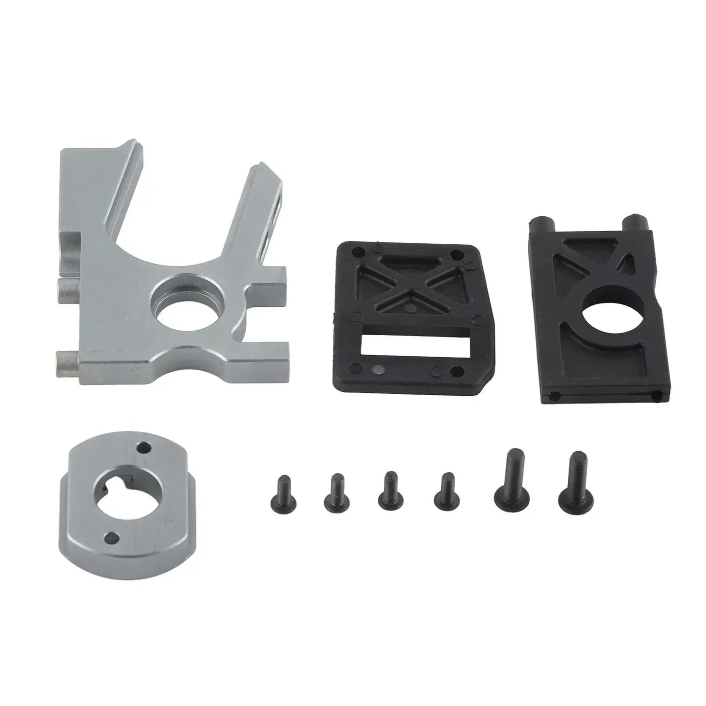 One Eighth Scale RC Brushless Motor Mounting Kit components including base, holder, and screws for 1/8 electric RC cars.