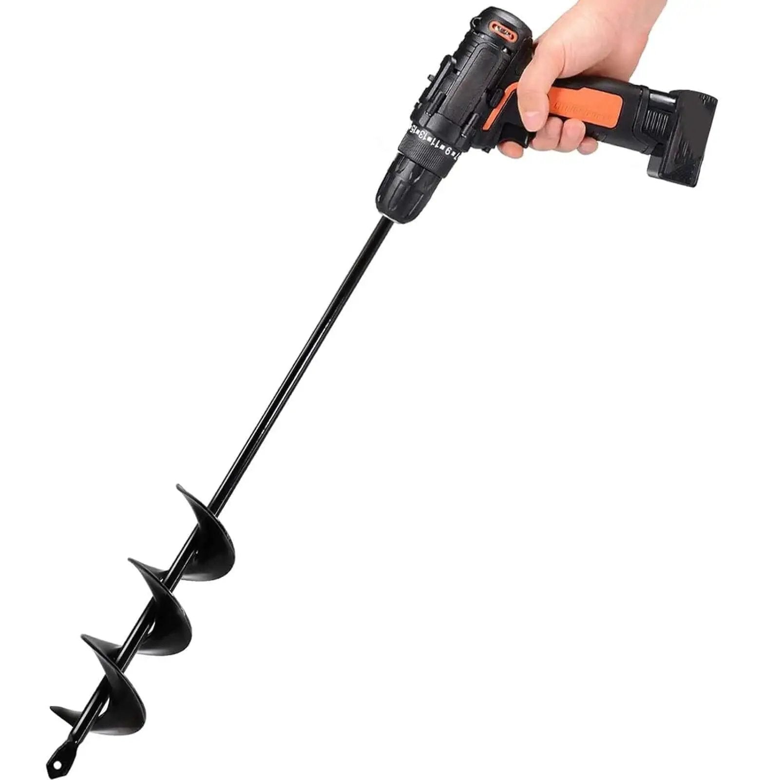 Extended Length Garden Auger Drill Bit 1.6 by 16.5 Inch connected to drill, used for planting bulbs and flowers post hole digging.