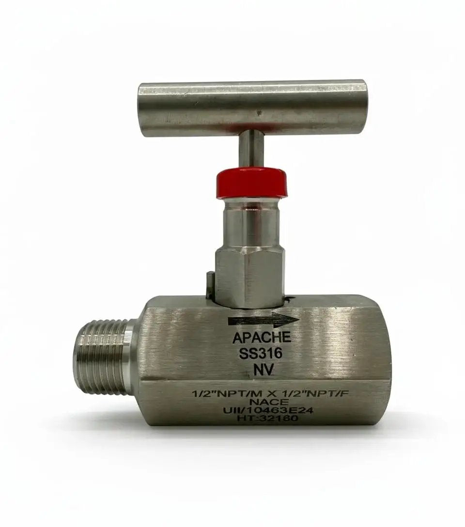 Front view of SS316 Stainless Steel High Pressure Needle Valve 10000 PSI One Half Inch NPT NACE Compliant MXF Series for industrial use