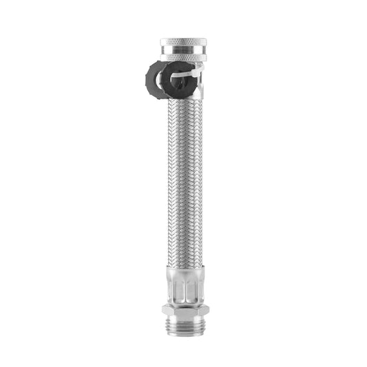 Heavy Duty Stainless Steel Braided Garden Hose Extension With 45 Degree Bend, 9.5 Inch Length, visible kinks and fittings.