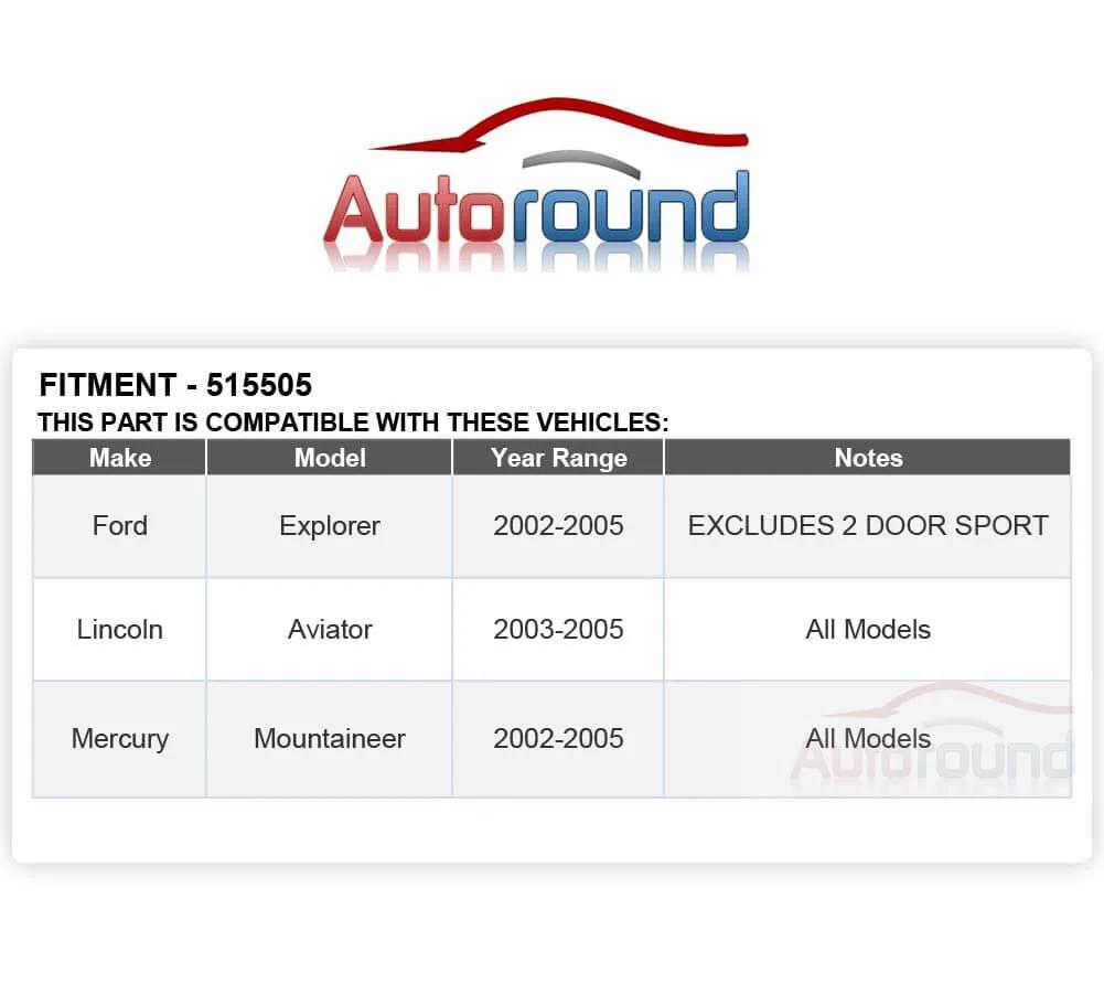 Compatibility chart for 515050 Front Wheel Hub and Bearing Assembly, Ford Explorer, Lincoln Aviator, Mercury Mountaineer, 2002-2005 models.