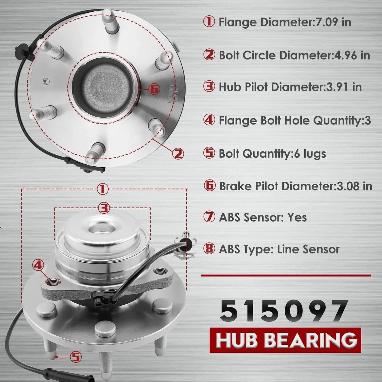 Diagram showing 2 Pack 515097 Front Wheel Hub Bearing Assembly for Cadillac Escalade ESV Chevy Silverado Avalanche Suburban, dimensions labeled.