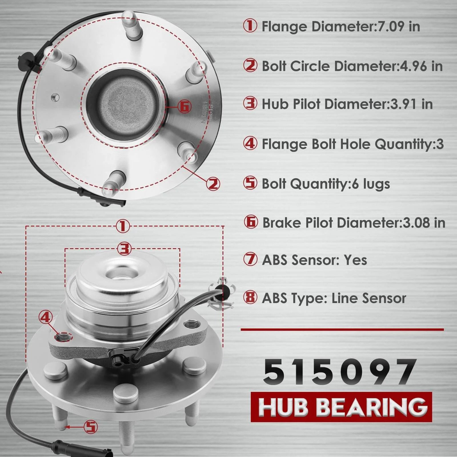 Diagram showing 2 Pack 515097 Front Wheel Hub Bearing Assembly for Cadillac Escalade ESV Chevy Silverado Avalanche Suburban, dimensions labeled.