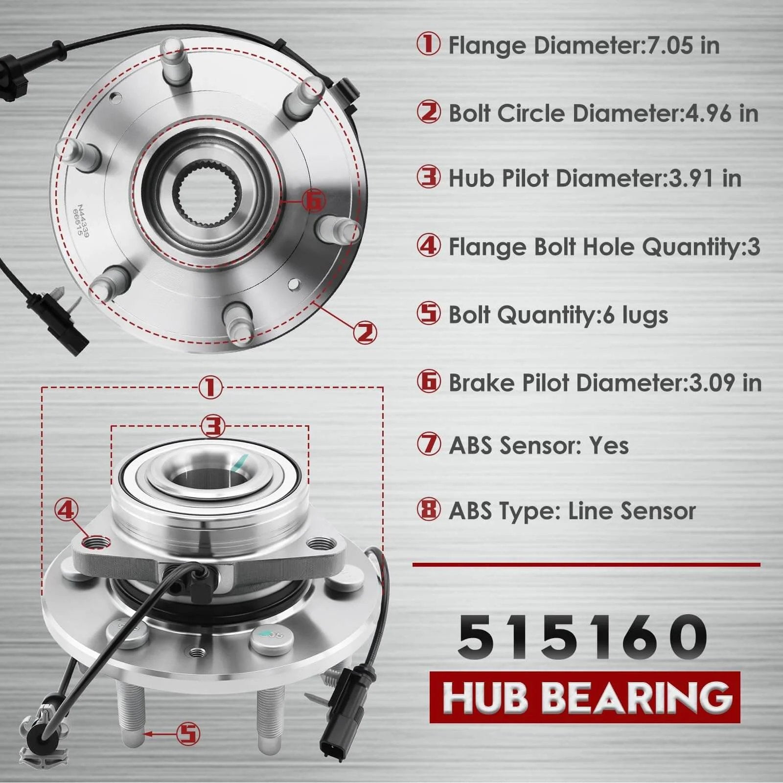 Diagram of 515160 Front Wheel Bearing and Hub Assembly 2 Pack for 4WD, showing dimensions and 6 lug ABS sensor.
