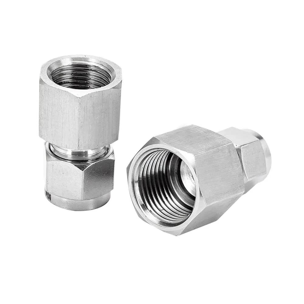 Stainless Steel 304 Compression Tube Fitting for Three Eighths Inch Tube OD to Three Eighths Inch NPT Female Coupler Pack of 2 Durable Plumbing Adapter for Tight Seals and No Fuss Inline Connections.