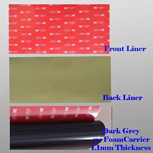 VHB 5952 Double Sided Foam Adhesive Sheet Tape 100x200mm front red liner, back yellow liner, dark grey foam carrier visible.