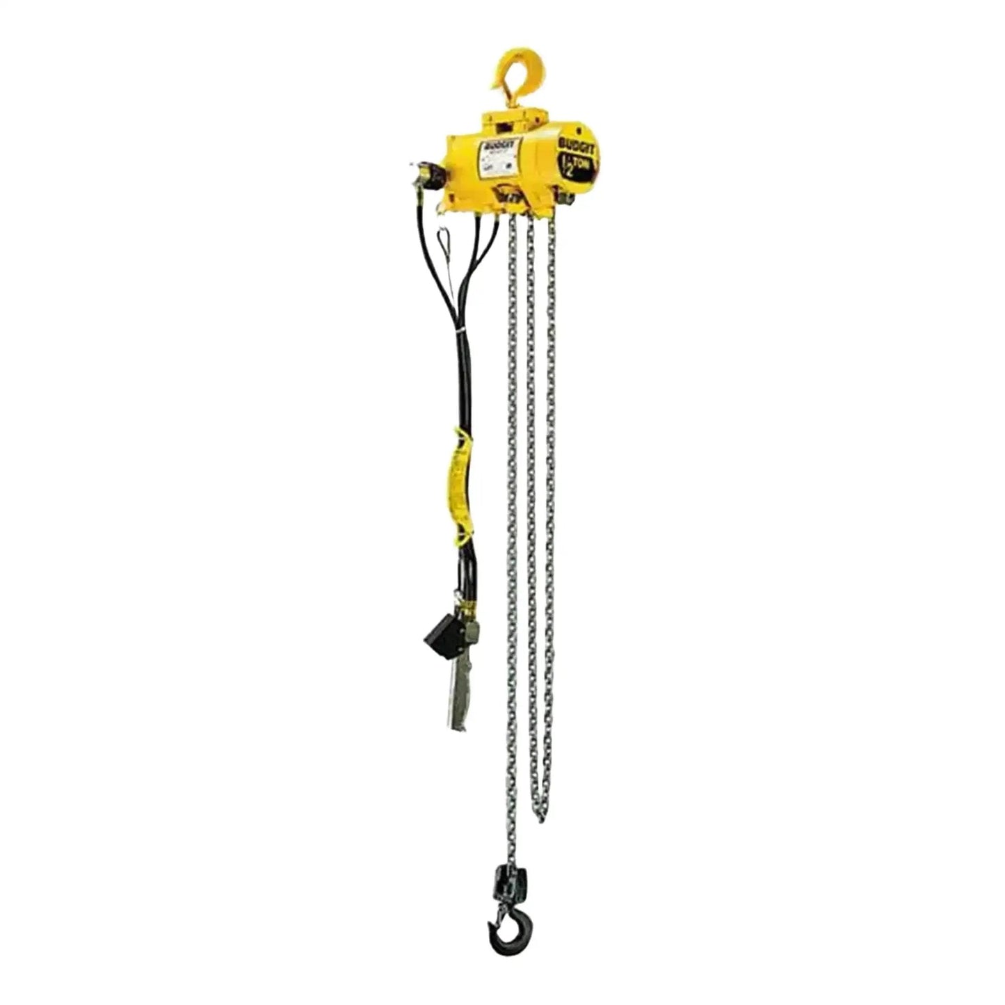 Half Ton Pneumatic Air Hoist With 20 Foot Lift And Pendant Throttle Control in yellow with attached chain and hook