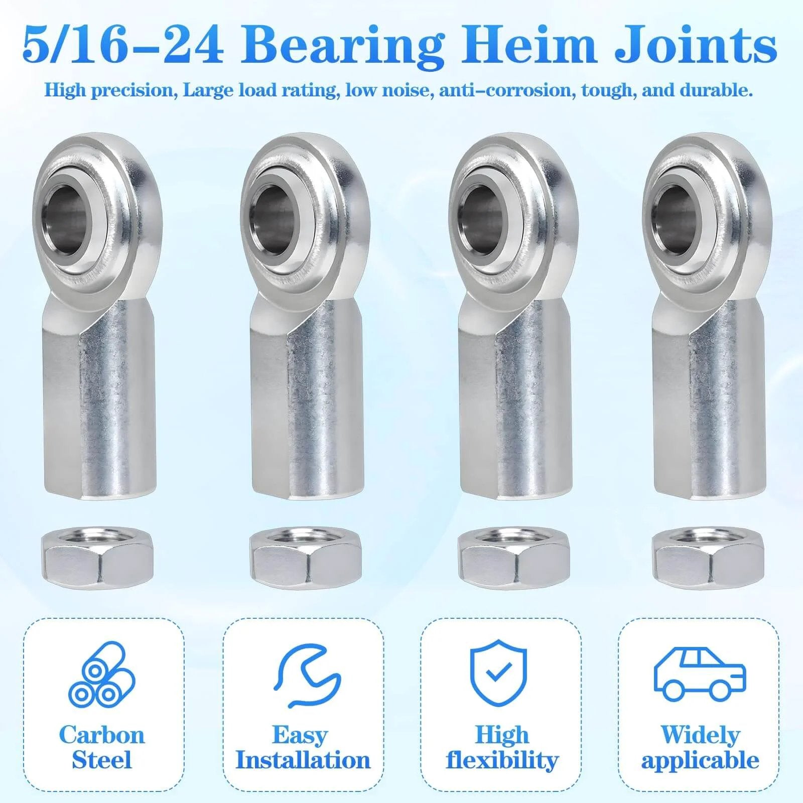 Four 5/16 x 5/16-24 Rod End Bearing Heim Joint Kit pieces with right hand female thread stainless rod ends and jam nuts.