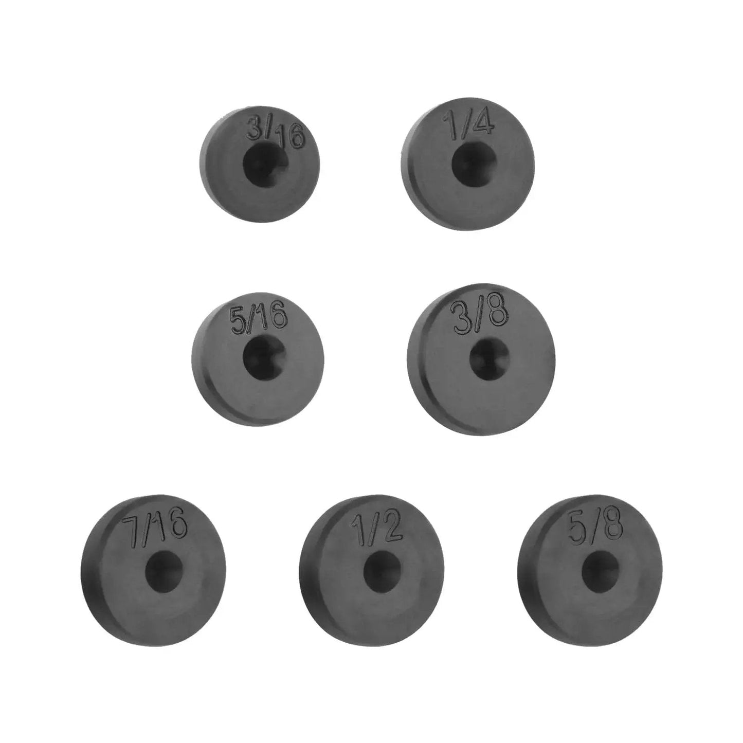 7 Piece Double Flare Tool Adapters For Brake Lines 3 Sixteenths To 5 Eighths Inch in black bearing steel, top view