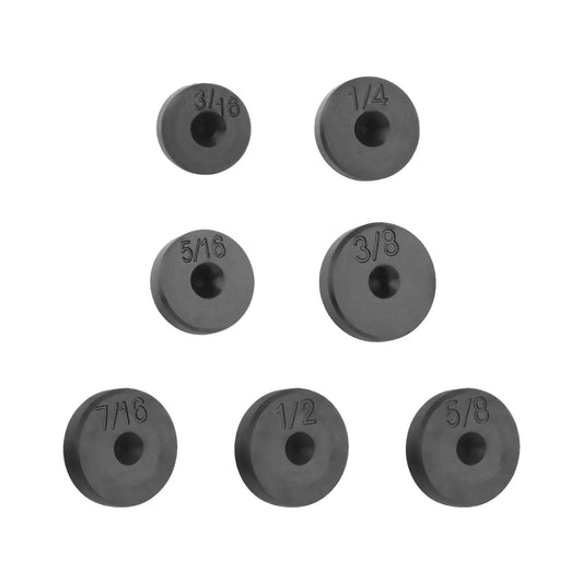 7 Piece Double Flare Tool Adapters For Brake Lines 3 Sixteenths To 5 Eighths Inch in black bearing steel, top view