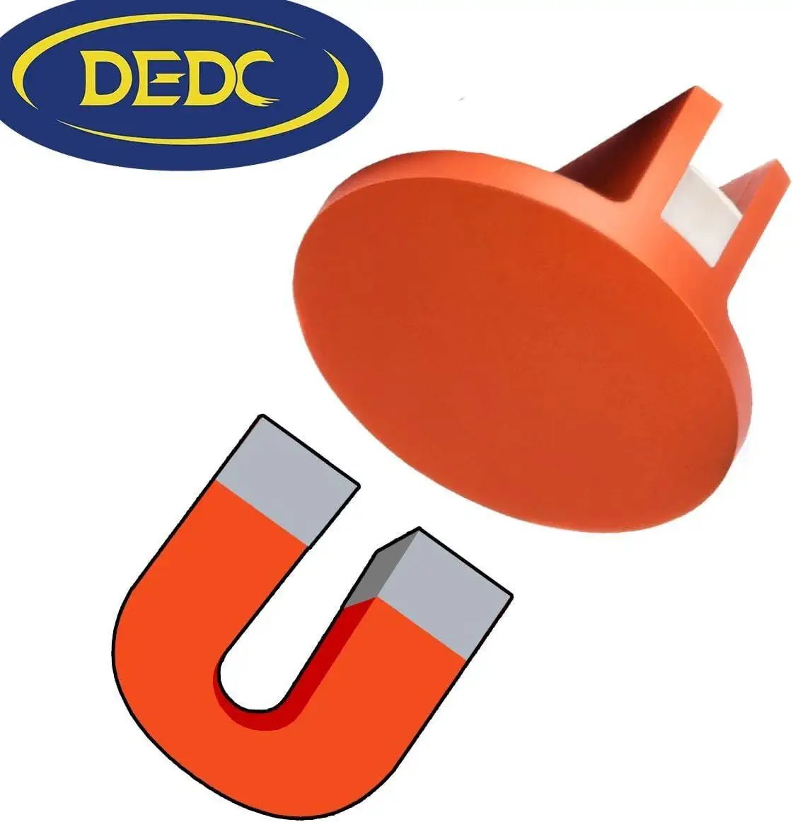 Aluminum Grooved Magnetic Jack Pad Pinch Weld Frame Rail Adapter For Cars, round top view with orange aluminum finish and magnet illustration.