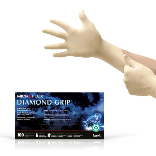 Person wearing Diamond Grip MF300 Disposable Latex Gloves With Textured Fingertips, box of 100 gloves shown