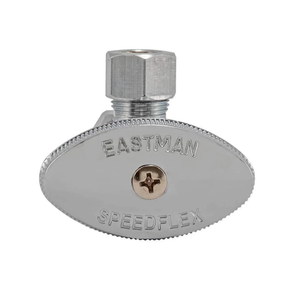 Front view of Multi-Turn Angled Stop Valve Three-Eighths Inch OD To Five-Eighths Inch OD Compression Brass Chrome Plumbing Fitting For Home Fixtures With Leakproof Teflon Seals Eastman.