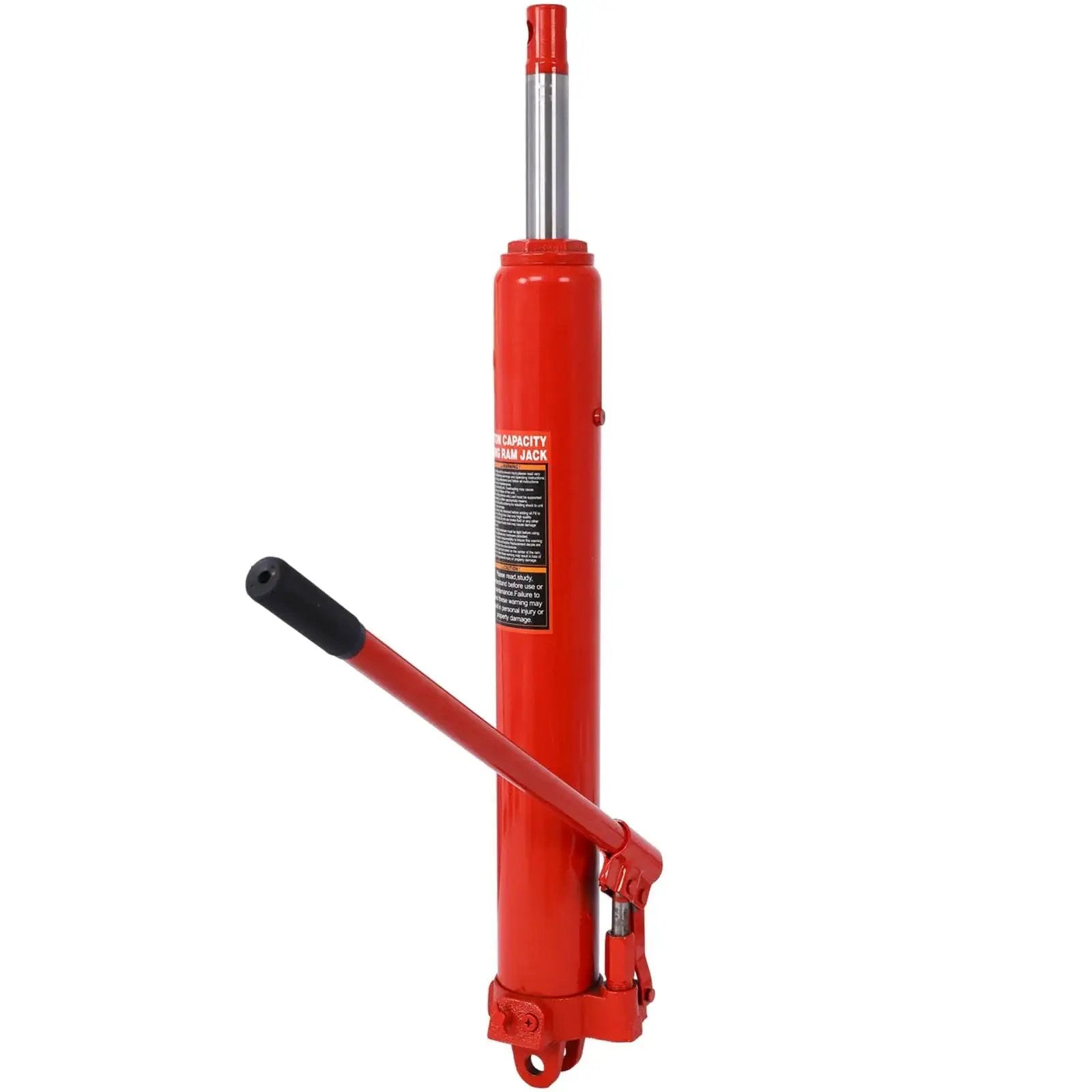 8 Ton Hydraulic Long Ram Jack With Clevis Base For Engine Hoists And Cranes, steel construction, front view of jack handle extended