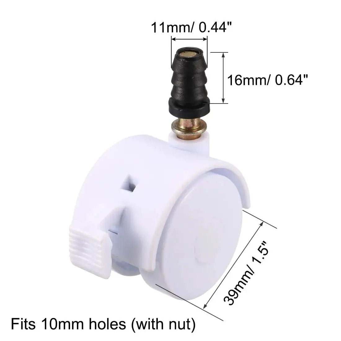 Swivel Caster Set One Point Five Inch Grip Neck White Plastic Casters With Brakes And Mounting Socket Four Pack Thirty Nine Millimeter Wheels Five Kilogram Capacity Per Wheel Quiet Rolling front view