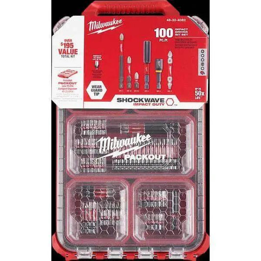Front view of 100-Piece Impact Driver Bit Set With Bonus Packout Case, Shockwave Titanium-Coated Bits For Heavy Duty Driving