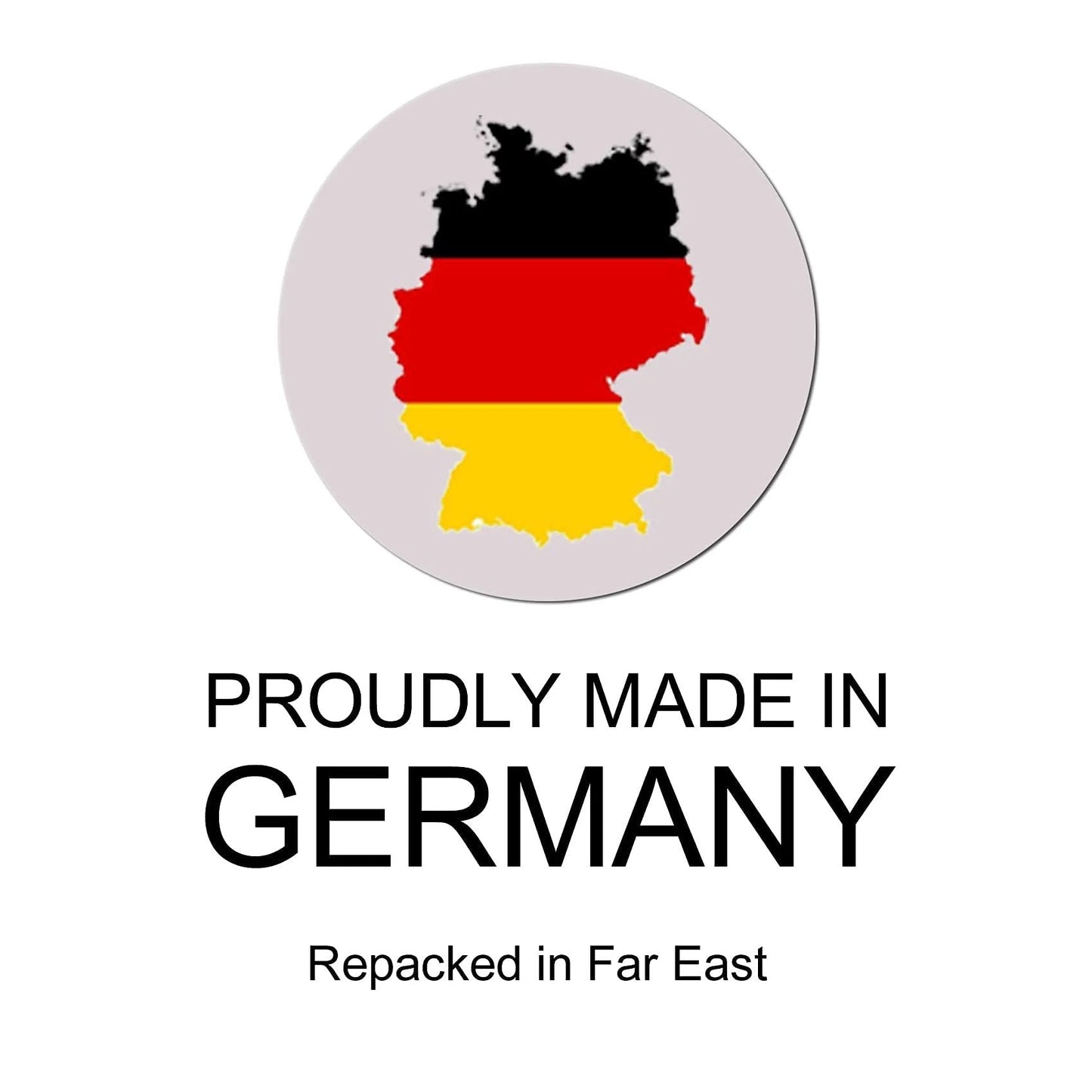 Map of Germany in flag colors with text 'Proudly Made in Germany, Repacked in Far East' below.