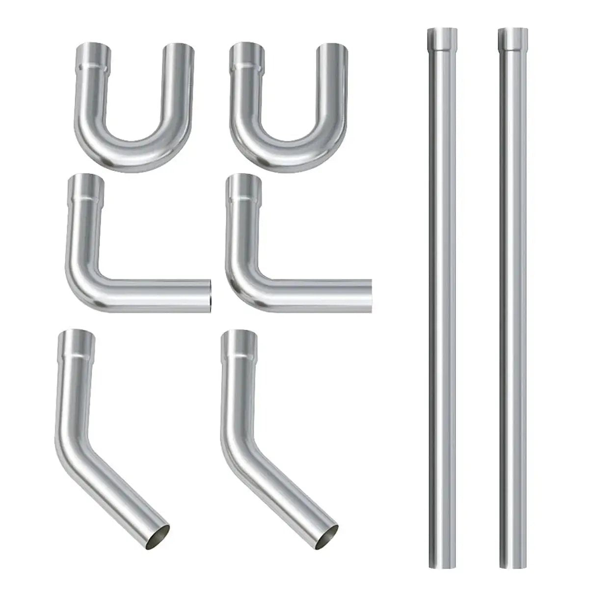 Stainless Steel Mandrel Bend Kit 2.5 Inch 8 Pcs 304 Tubing U Bend Universal Fit showing various U-bend and straight pipes.