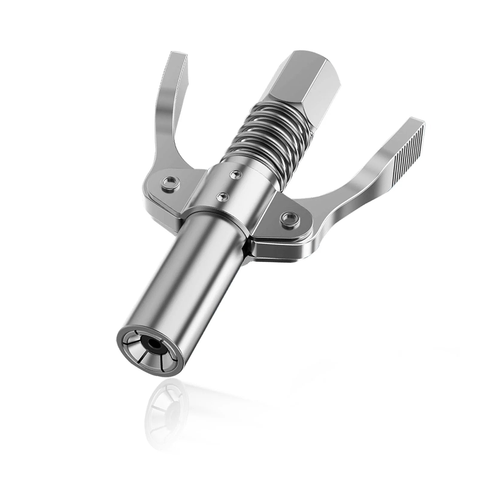 Double Handles Quick Release Grease Gun Coupler With Six Thickened Jaws, 12,000 PSI High Pressure, steel construction, side view