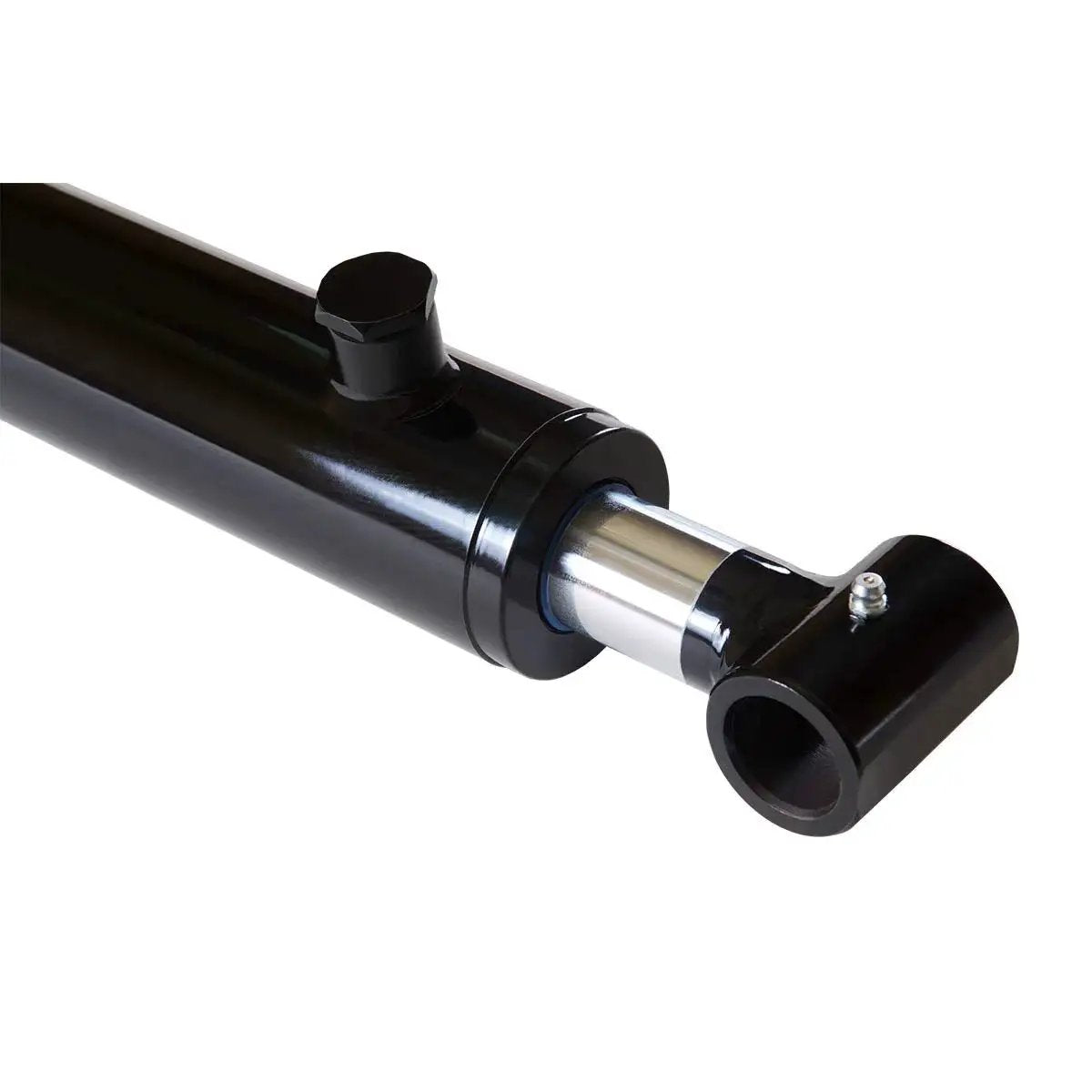 Close-up of a 2 Inch Bore Hydraulic Cylinder 20 Inch Stroke Welded Double Acting 3500 PSI with black finish and end connections